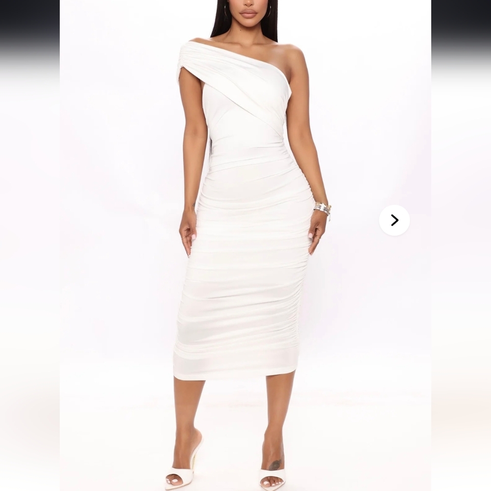 Fashion Nova Emmalyn Dress Midi Ruched Twist Halter Bodycon White M